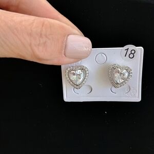 Elegant Silver CZ Heart Stud Clip On Earrings